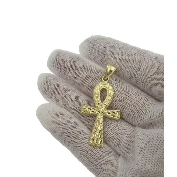 Egyptian Cross Ankh Nugget Pendant Charm 10k Yellow Gold 1.8 inch - Picture 2 of 2